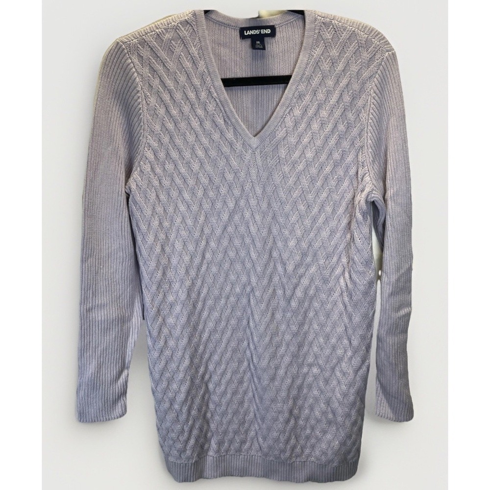 Lands End Drifter Womens Cotton Cable Knit Sweater M (10-12) Lavender V Neck LS